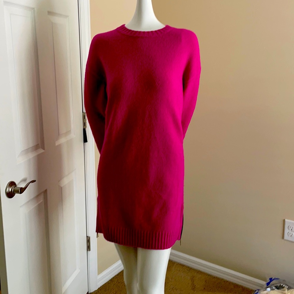 Milly Pink Wool Long Sleeve Sweater Dress Leather Trim Gold Exposed Zipper M